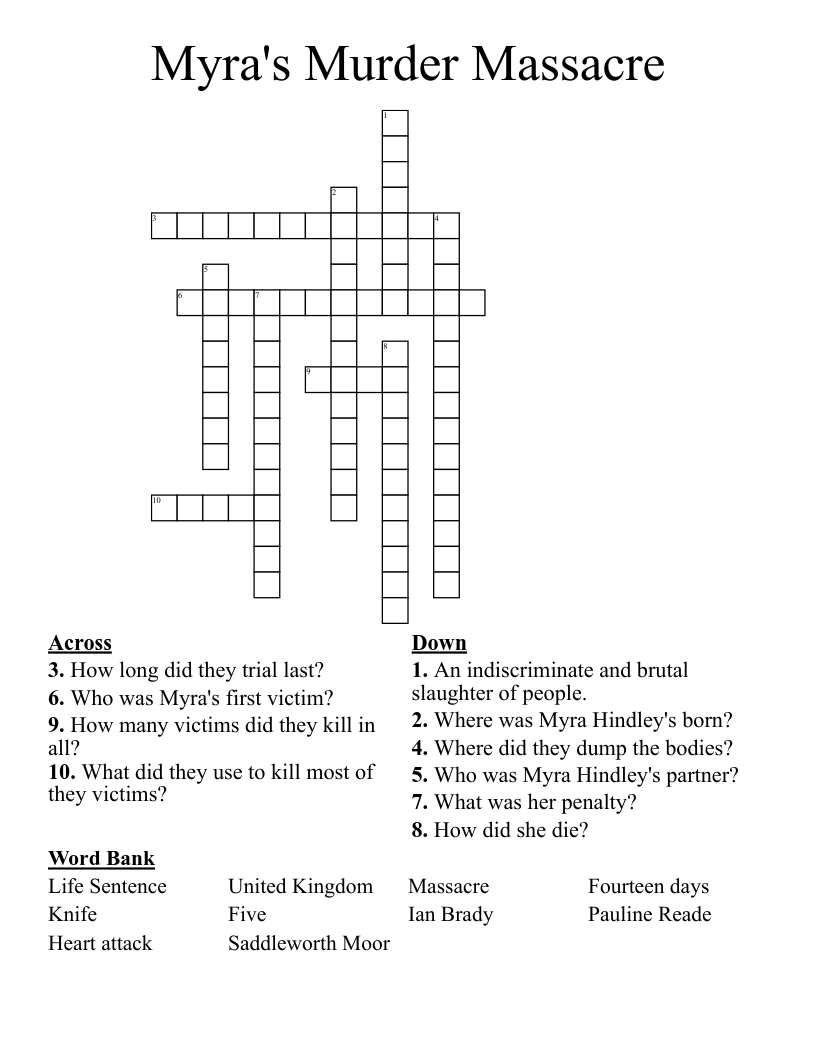 Myra's Murder Massacre Crossword