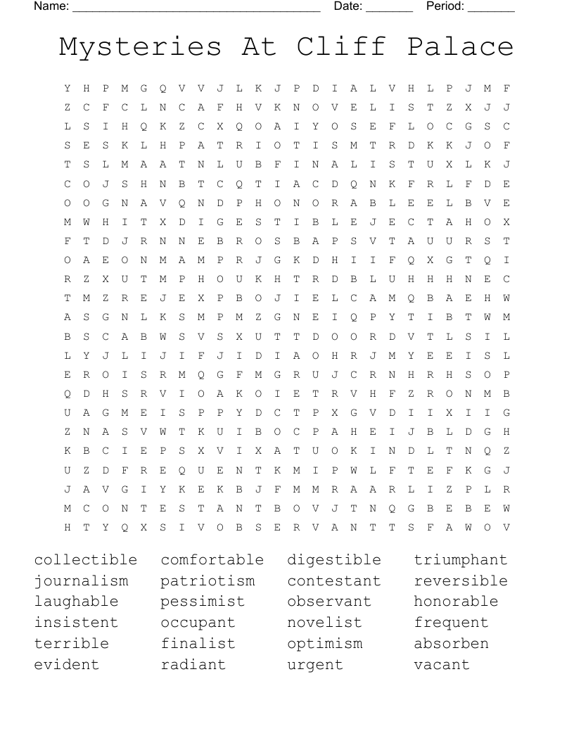 Mysteries At Cliff Palace Word Search