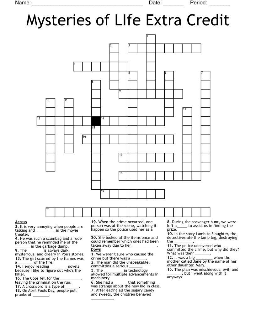 Mysteries of LIfe Extra Credit Crossword
