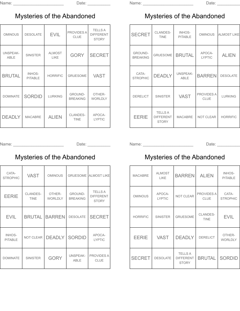Mysteries of the Abandoned  Bingo Cards