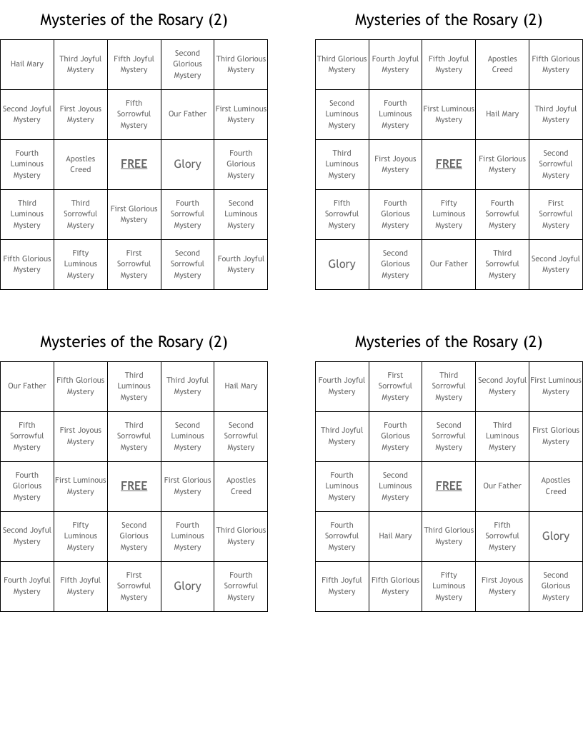 Mysteries of the Rosary (2) Bingo Cards