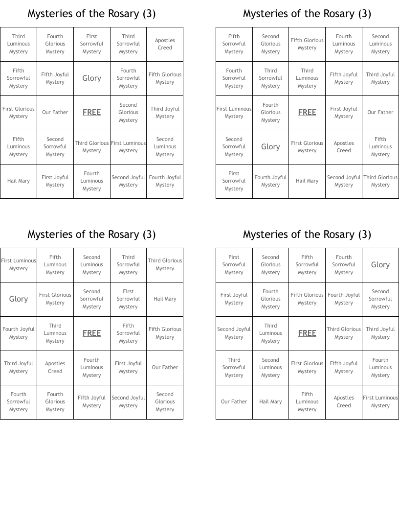 Mysteries of the Rosary (3) Bingo Cards