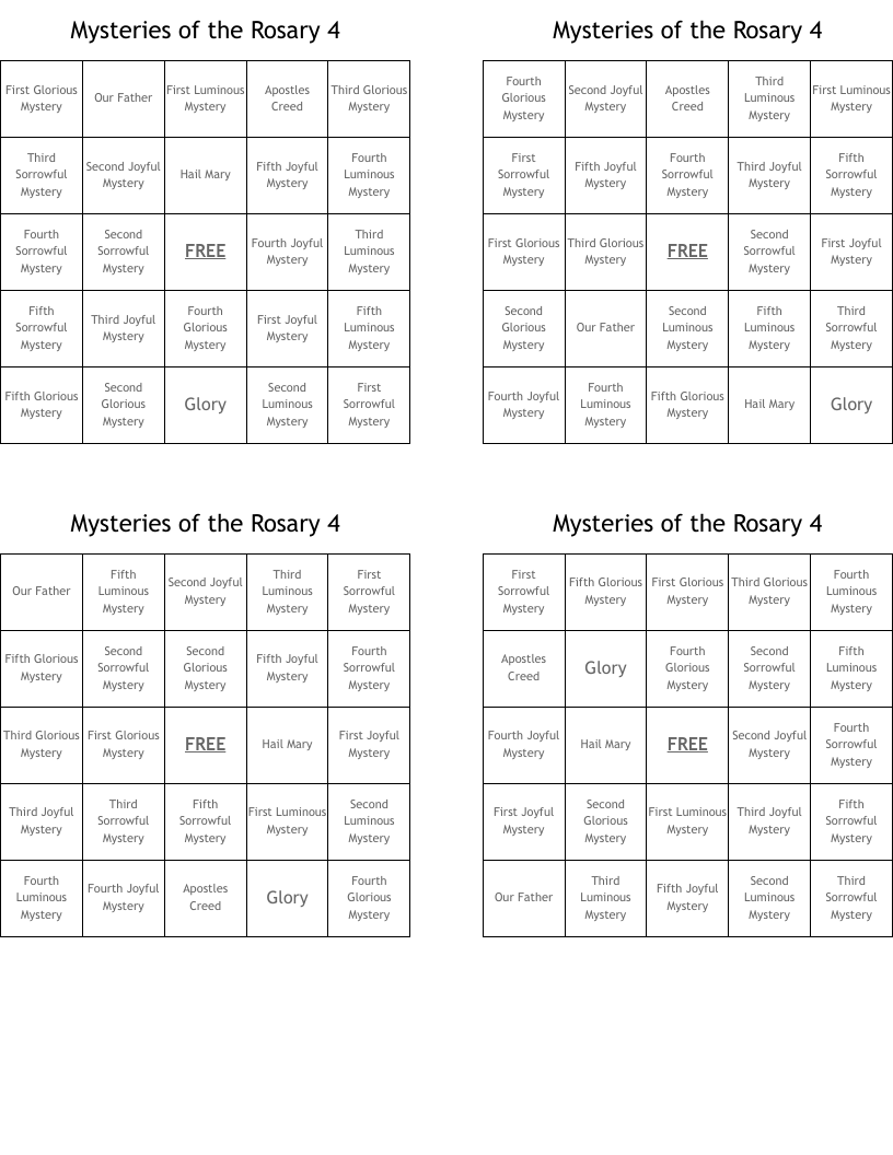 Mysteries of the Rosary 4 Bingo Cards
