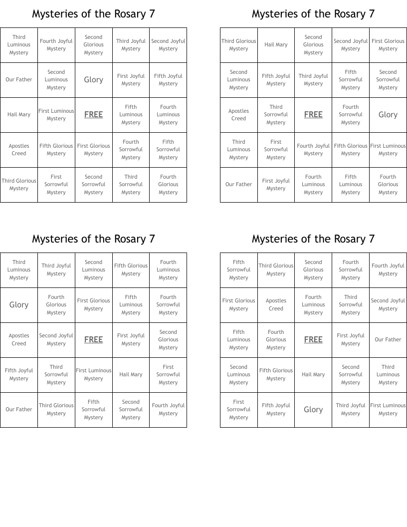 Mysteries of the Rosary 7 Bingo Cards