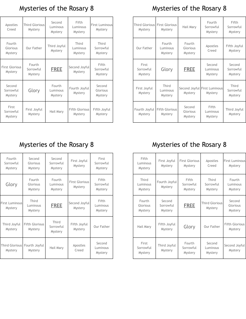 Mysteries of the Rosary 8 Bingo Cards