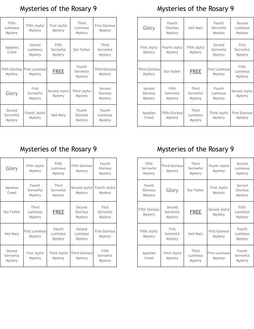 Mysteries of the Rosary 9 Bingo Cards