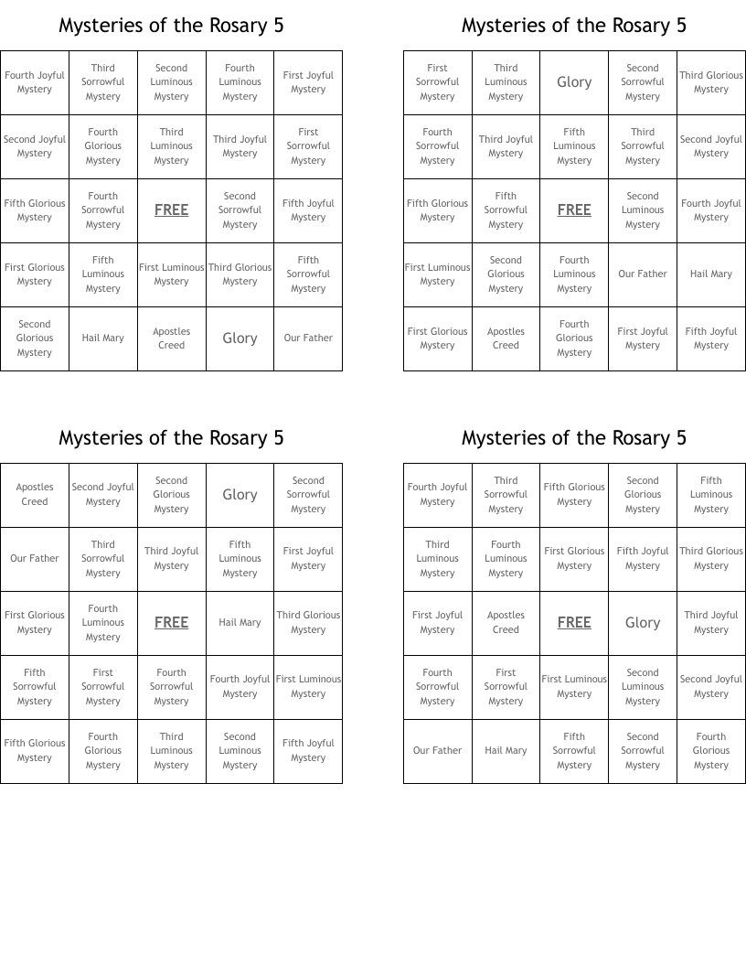 Mysteries of the Rosary  5 Bingo Cards