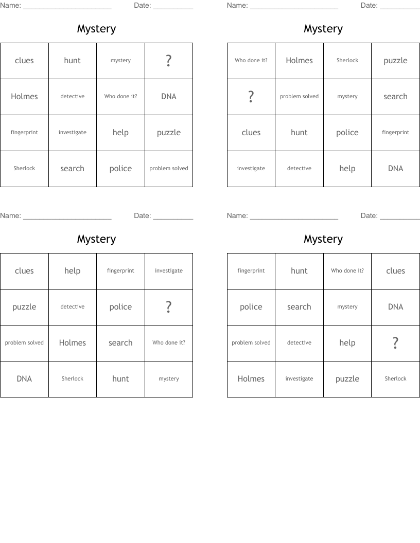 Mystery Bingo Cards