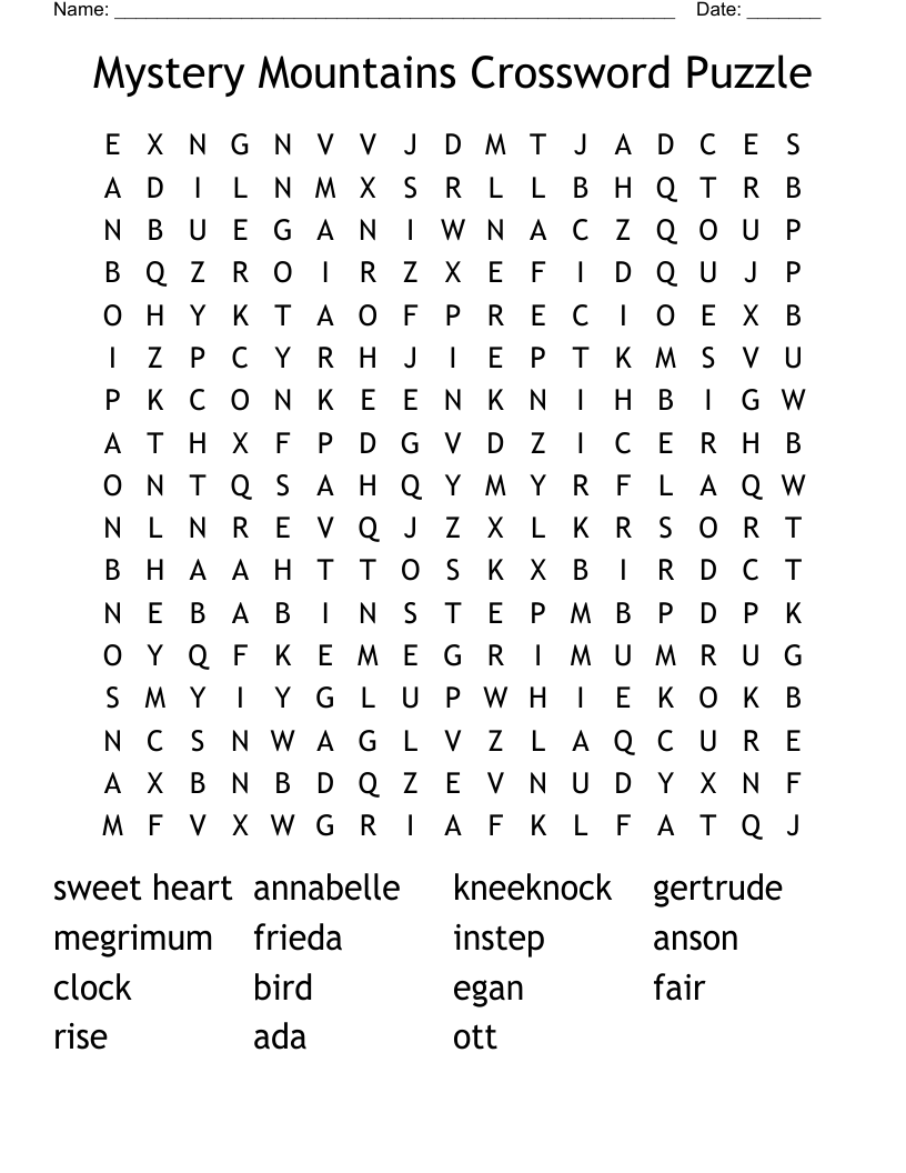 Mystery Mountains Crossword Puzzle Word Search