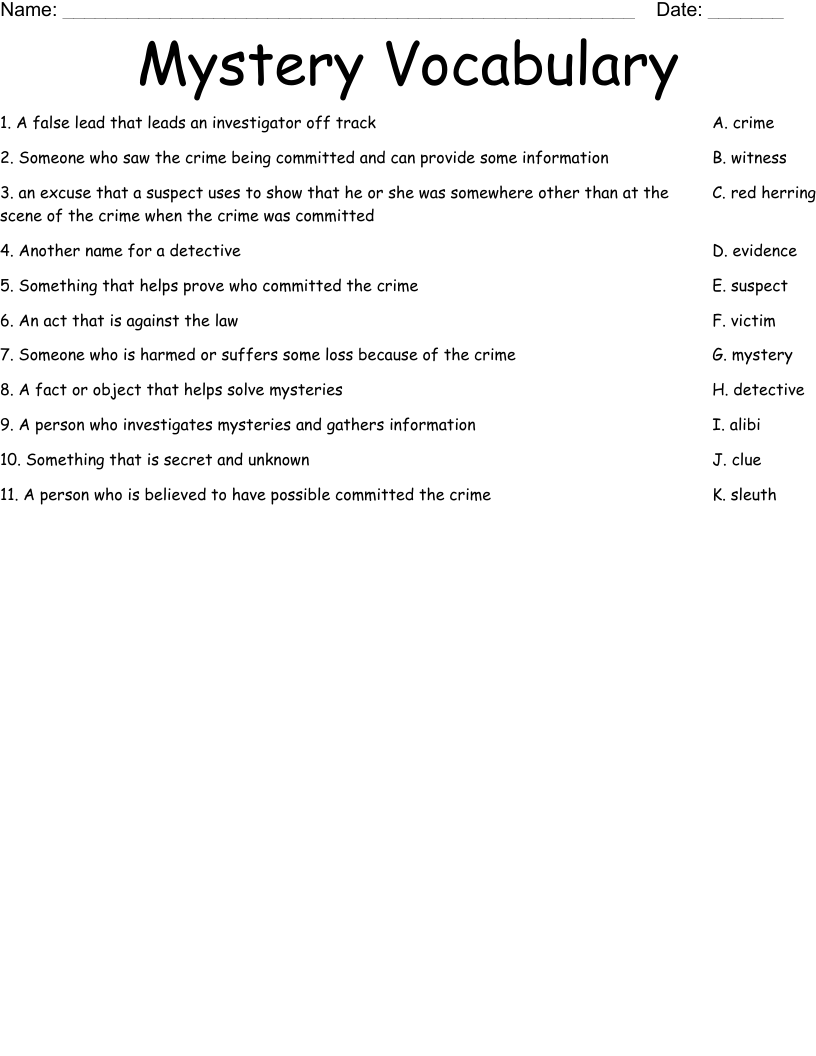 Mystery Vocabulary Worksheet