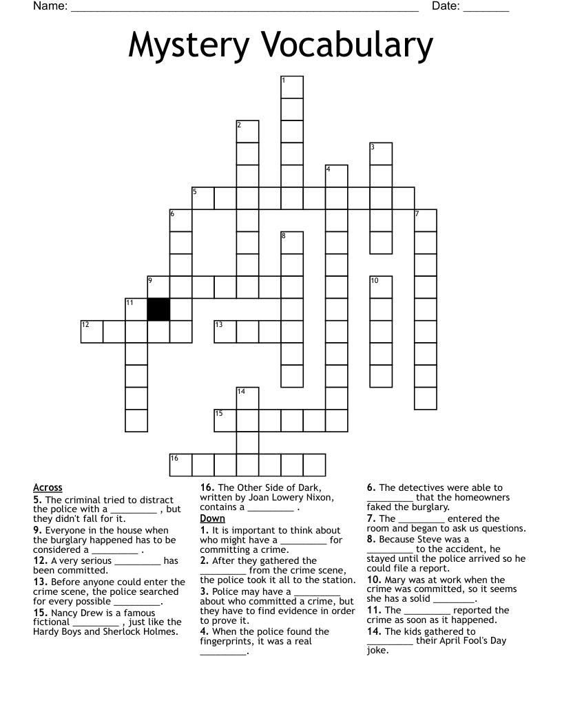Mystery Vocabulary Crossword