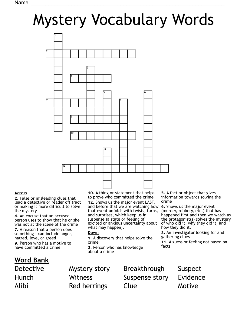 Mystery Vocabulary Words Crossword