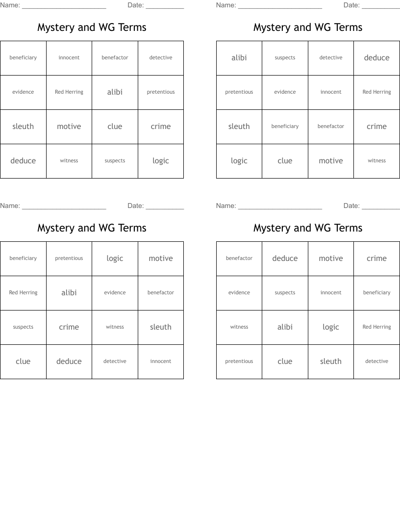 Mystery and WG Terms Bingo Cards
