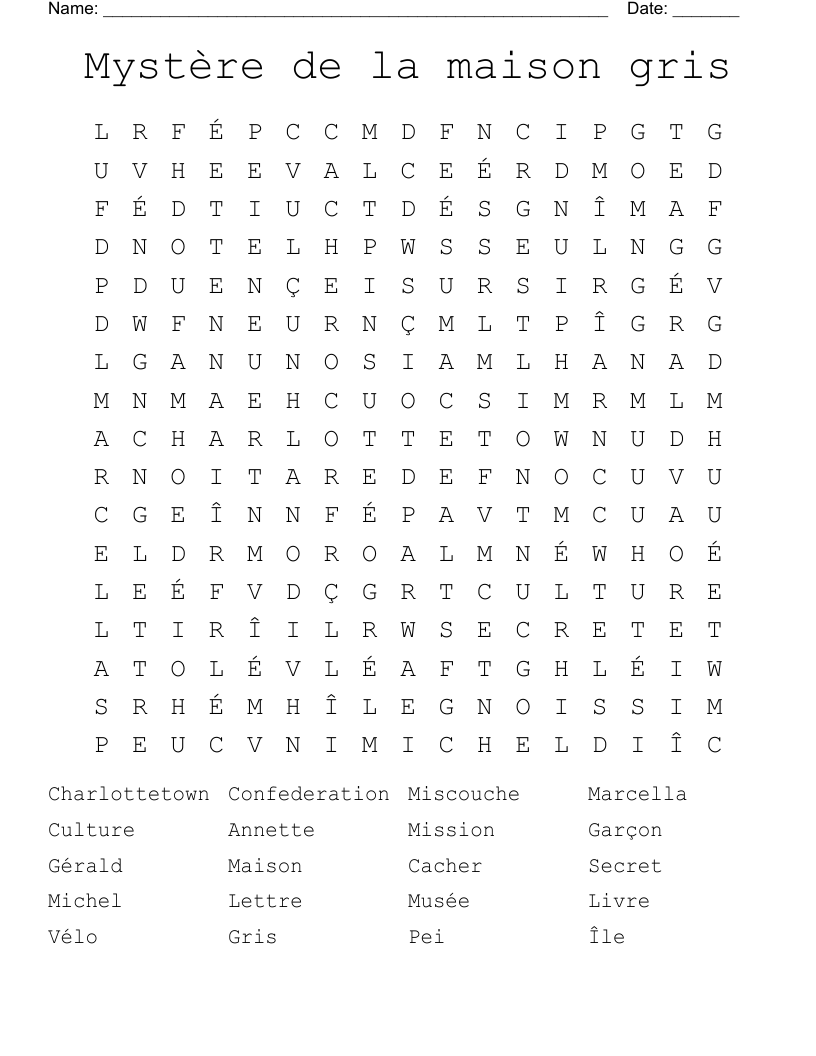 Mystère de la maison gris Word Search