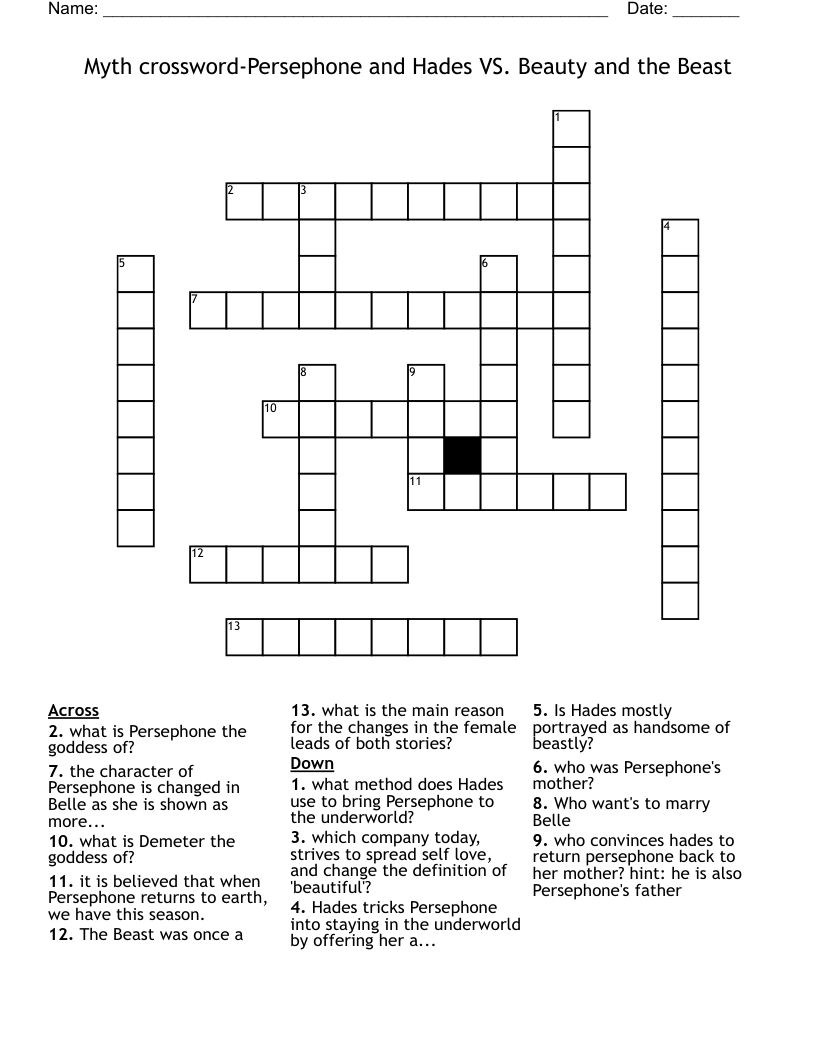 Myth crossword-Persephone and Hades VS. Beauty and the Beast