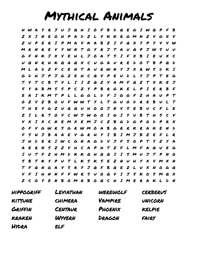 Mythical Animals Word Search