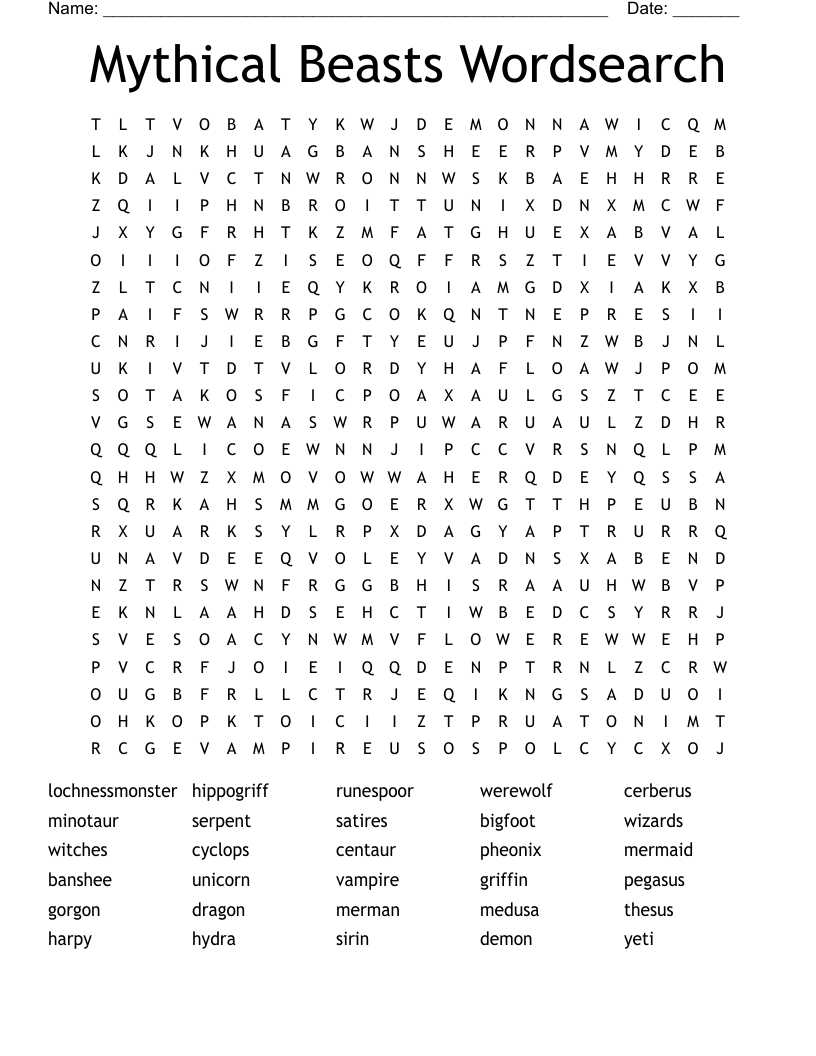 Mythical Beasts Wordsearch