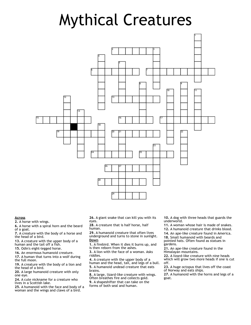 Mythical Creatures Crossword