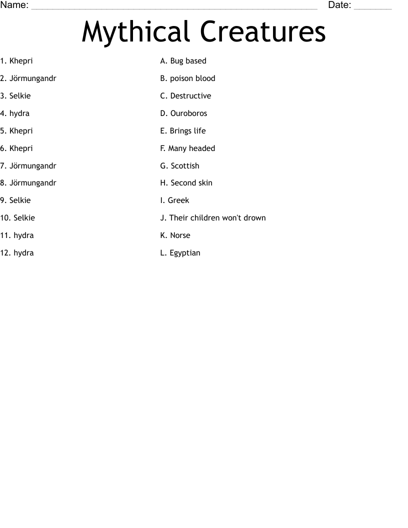 Mythical Creatures Worksheet