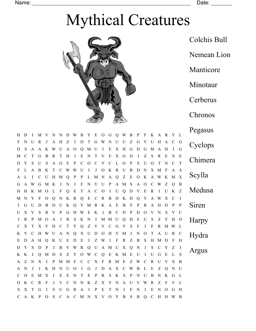 Mythical Creatures Word Search