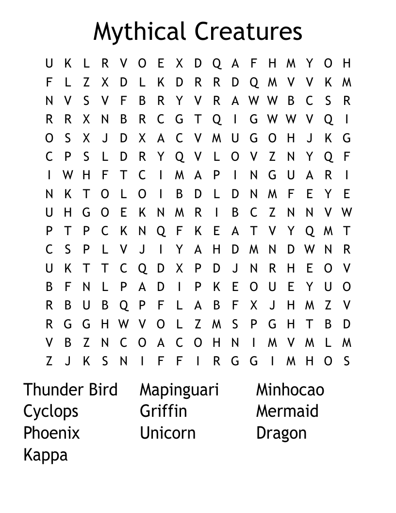 Mythical Creatures Word Search