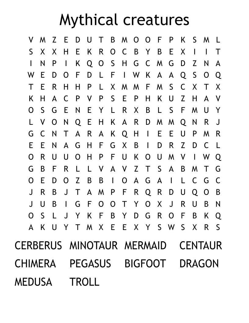 Mythical creatures Word Search