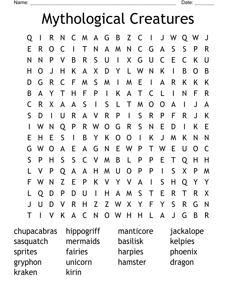 Mythological Creatures Word Search