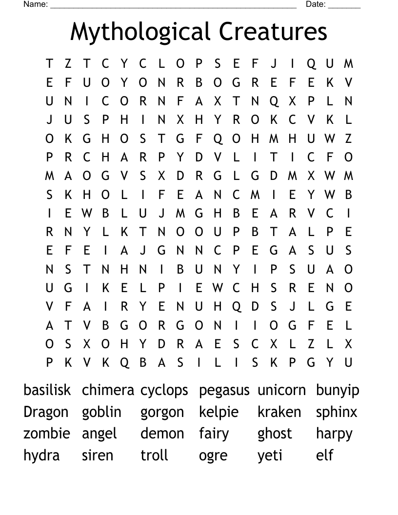 Mythological Creatures Word Search