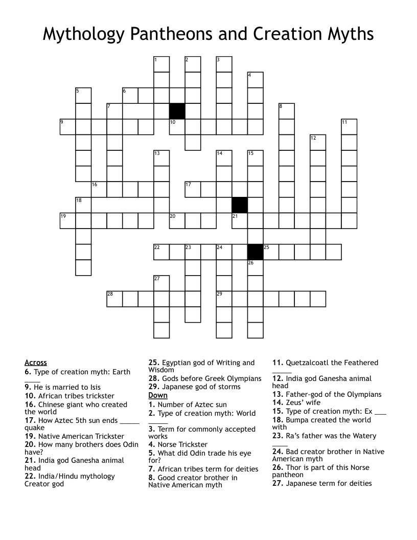 Mythology Pantheons and Creation Myths Crossword