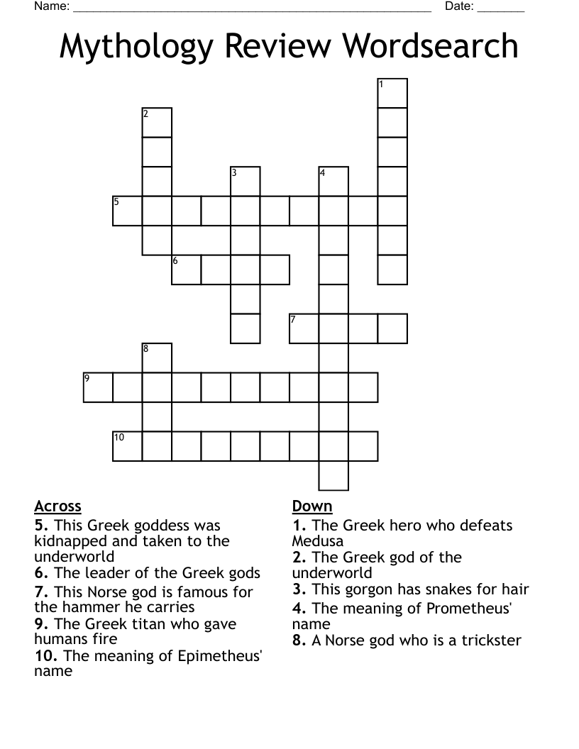 Mythology Review Wordsearch Crossword