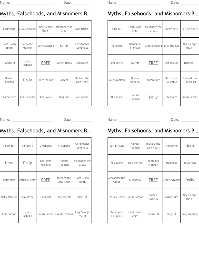 Myths, Falsehoods, and Misnomers Bingo
