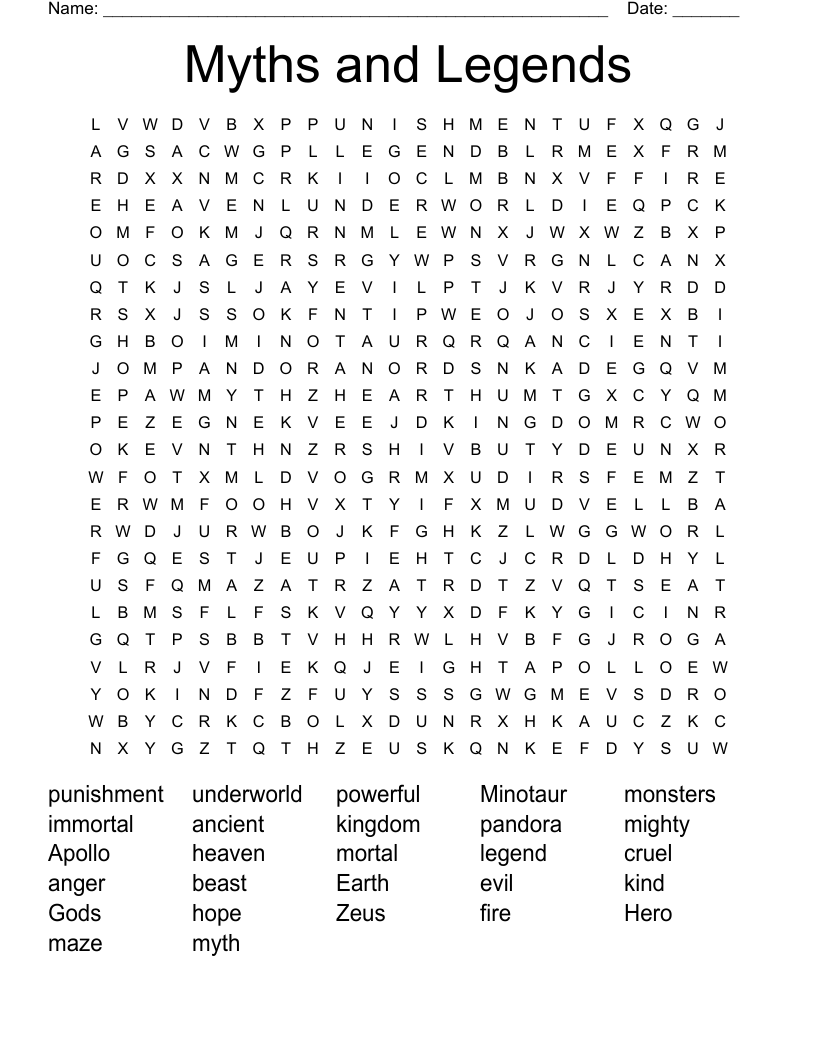 Myths and Legends Word Search