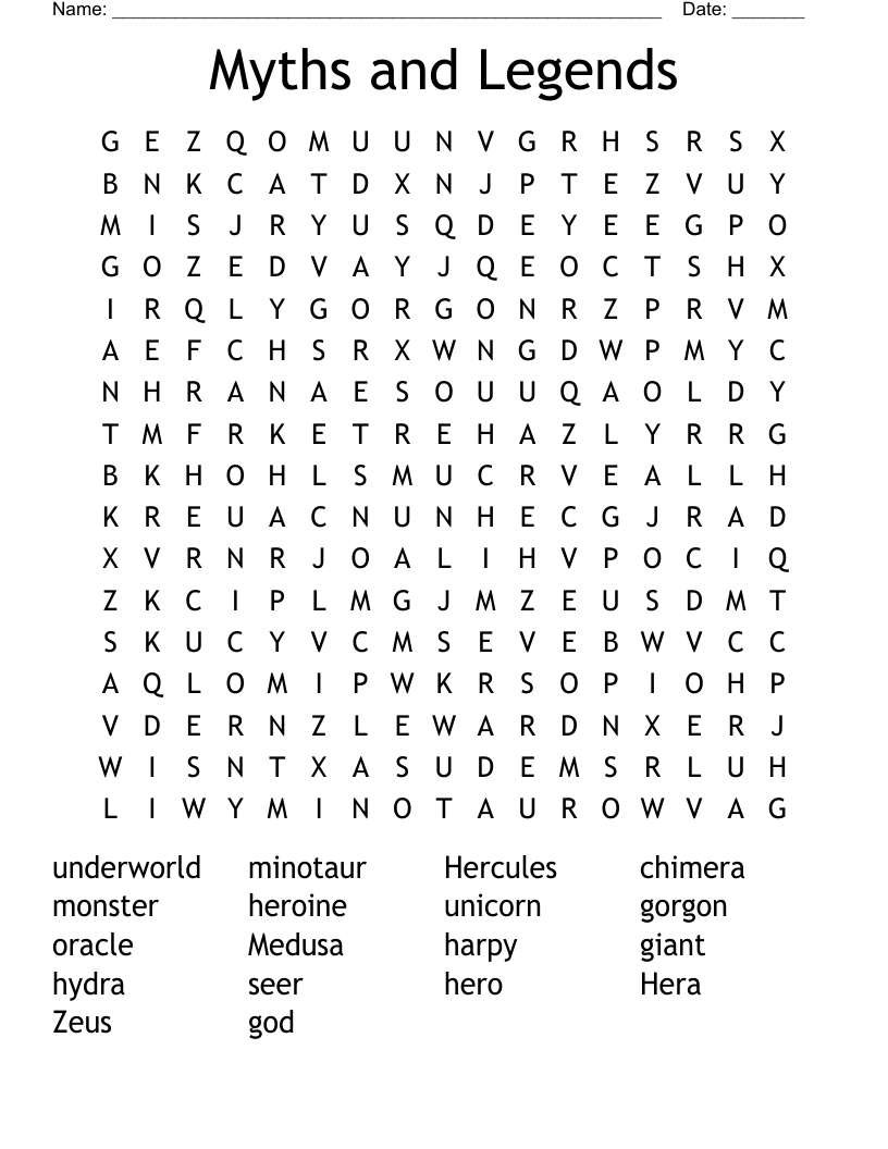 Myths and Legends Word Search