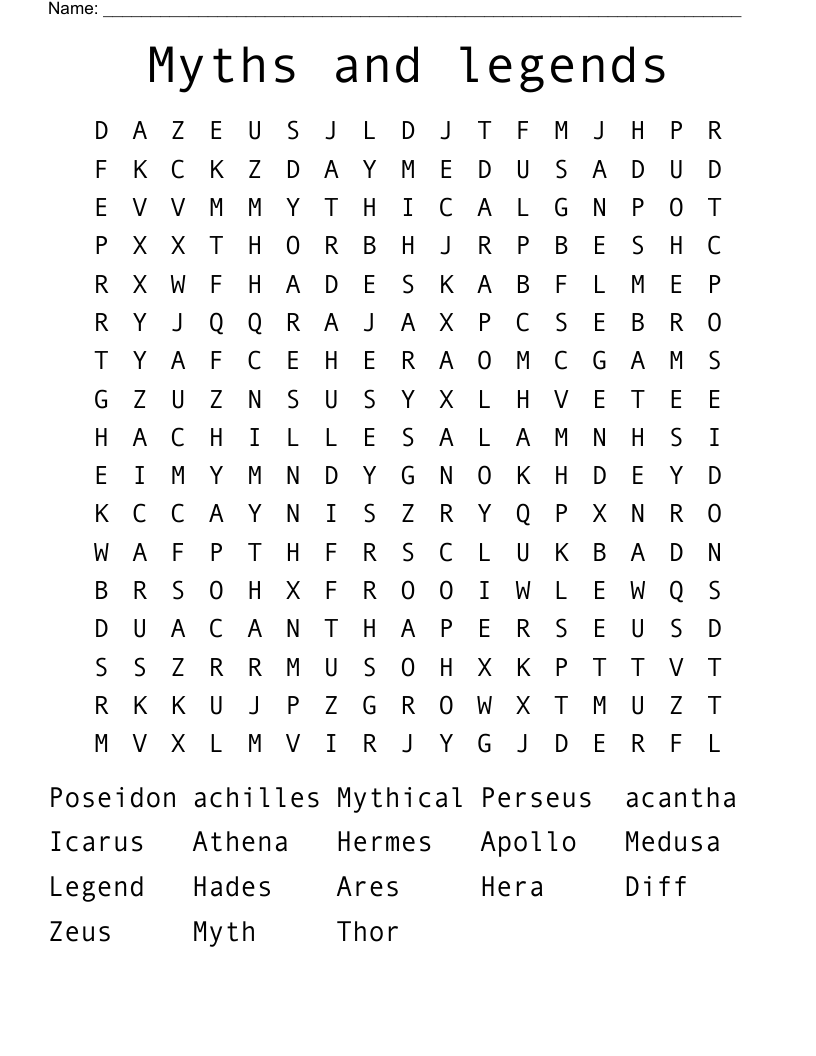 Myths and legends Word Search