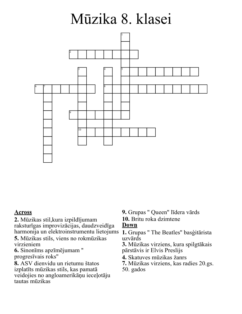 Mūzika 8. klasei Crossword