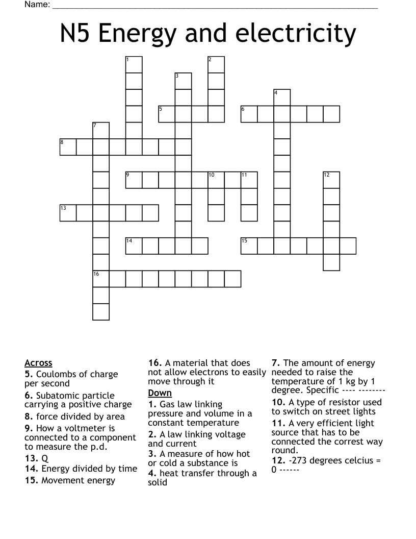 N5 Energy and electricity Crossword