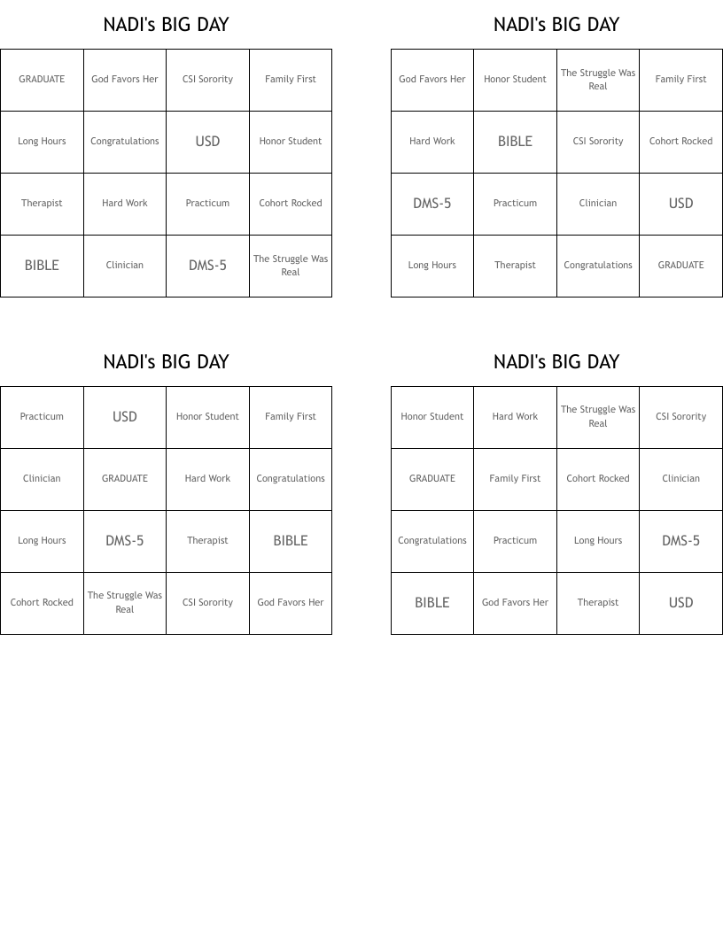 NADI's  BIG DAY Bingo Cards