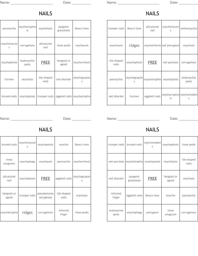 NAILS Bingo Cards