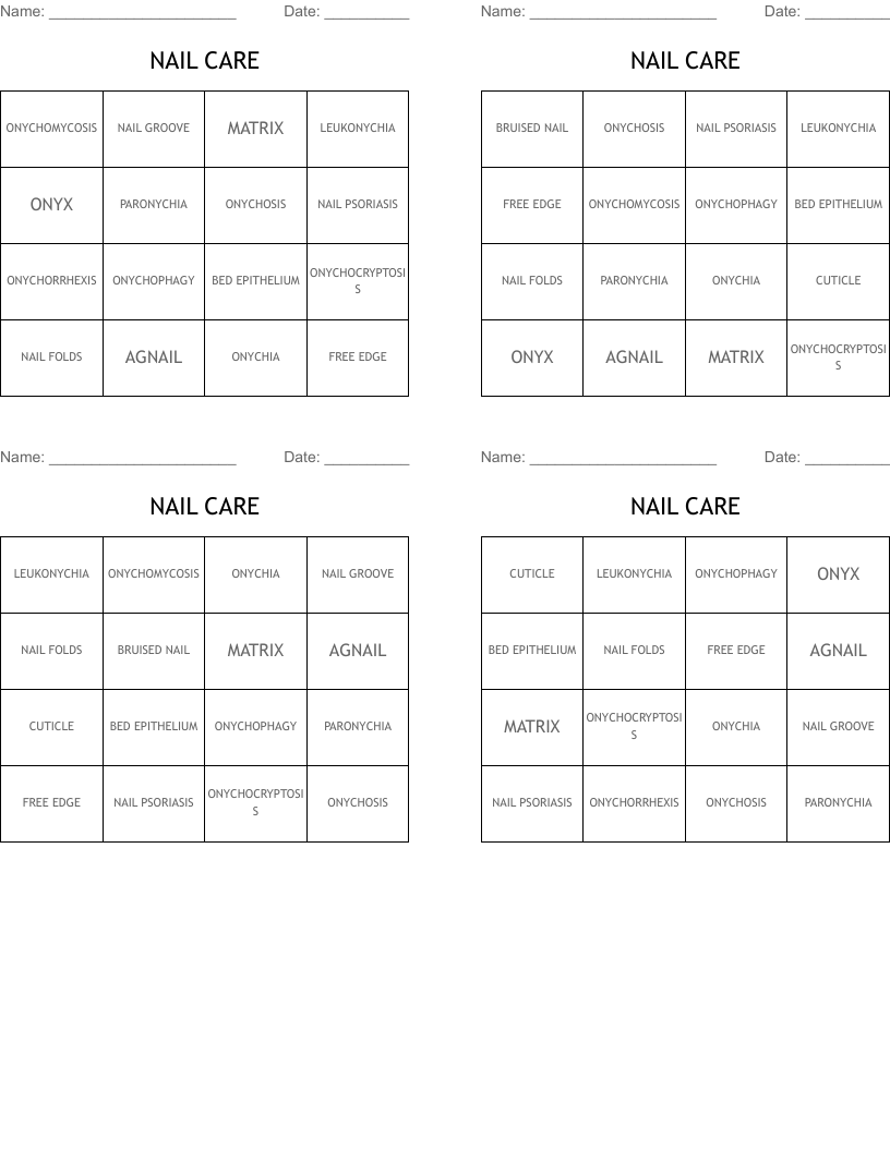 NAIL CARE Bingo Cards