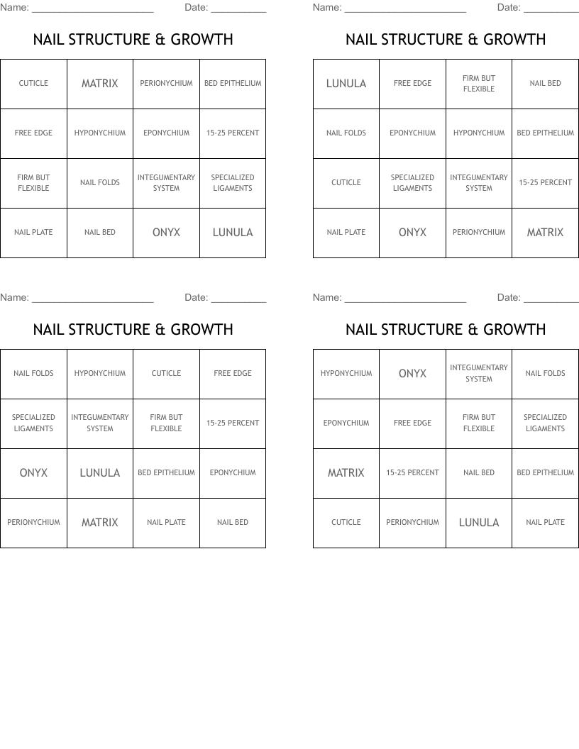 NAIL STRUCTURE & GROWTH Bingo Cards