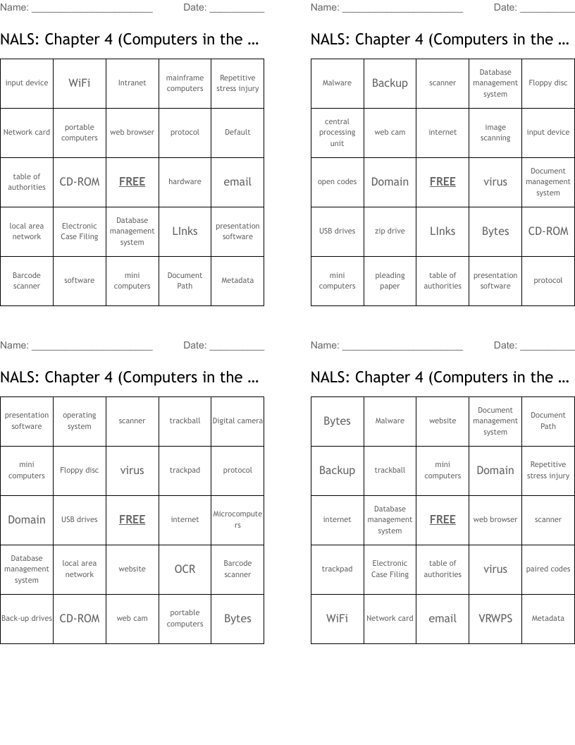NALS: Chapter 4 (Computers in the Law Office) Bingo Cards