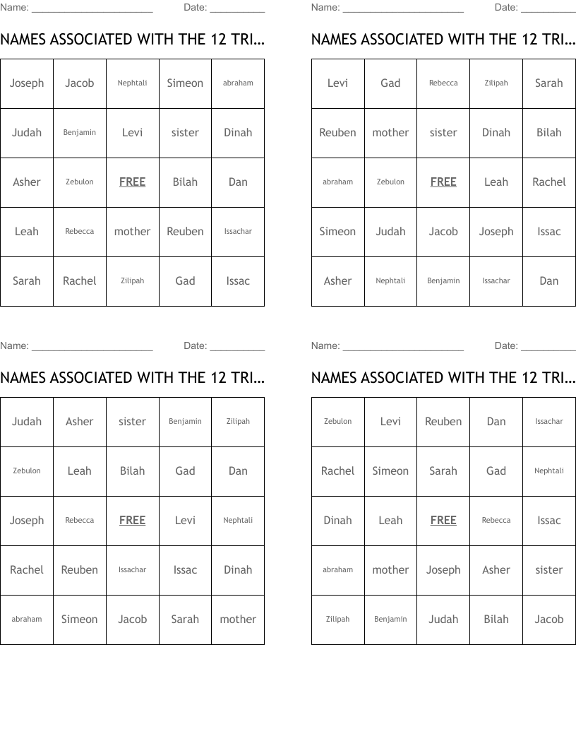NAMES ASSOCIATED WITH THE 12 TRIBES OF THE BIBLE Bingo Cards