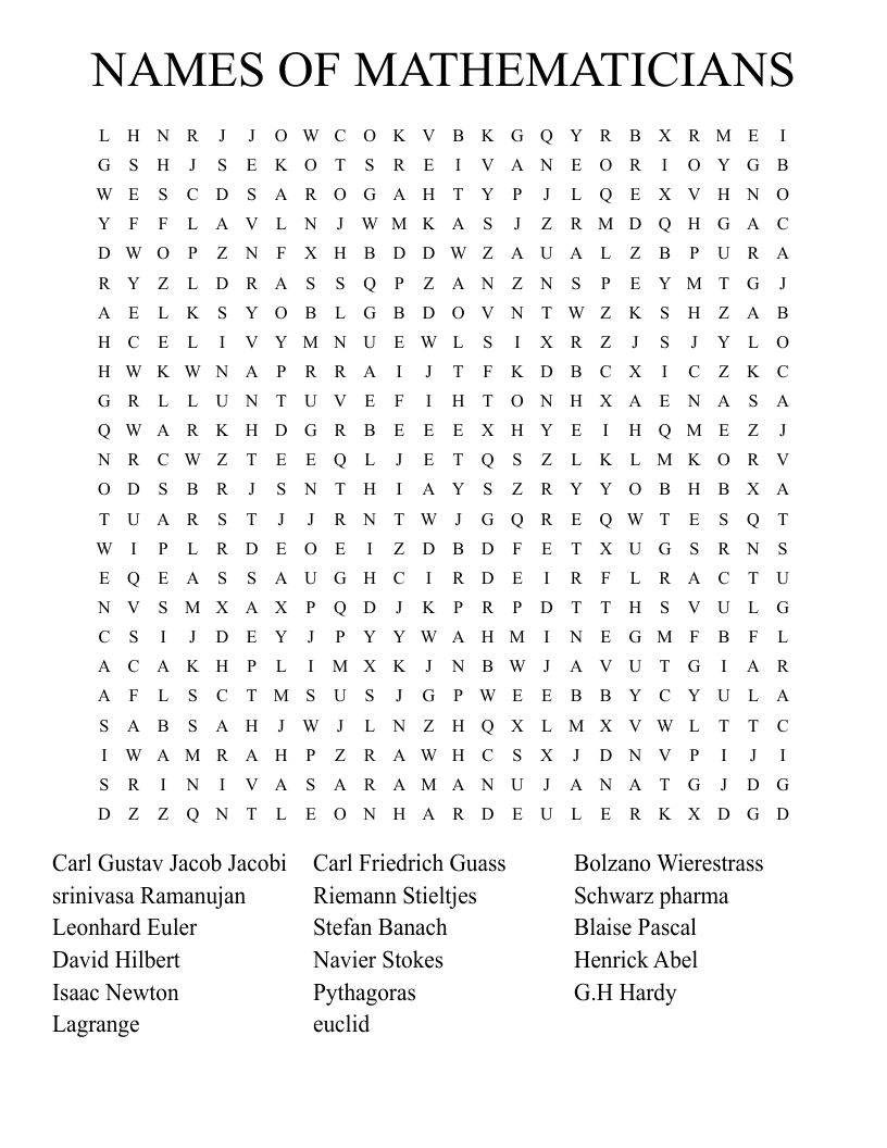 NAMES OF MATHEMATICIANS Word Search