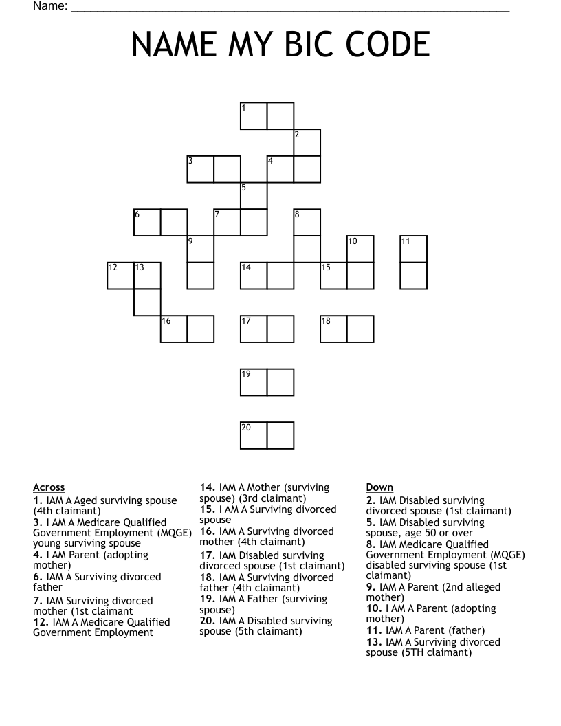 NAME MY BIC CODE Crossword