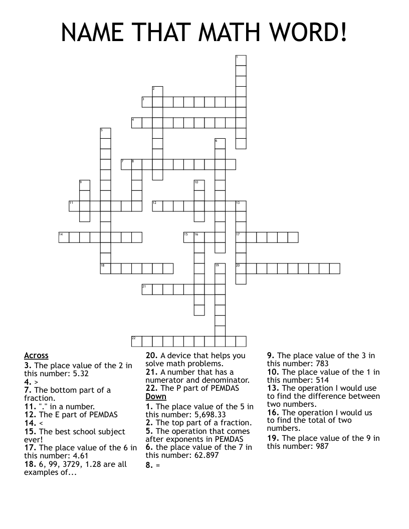 NAME THAT MATH WORD! Crossword