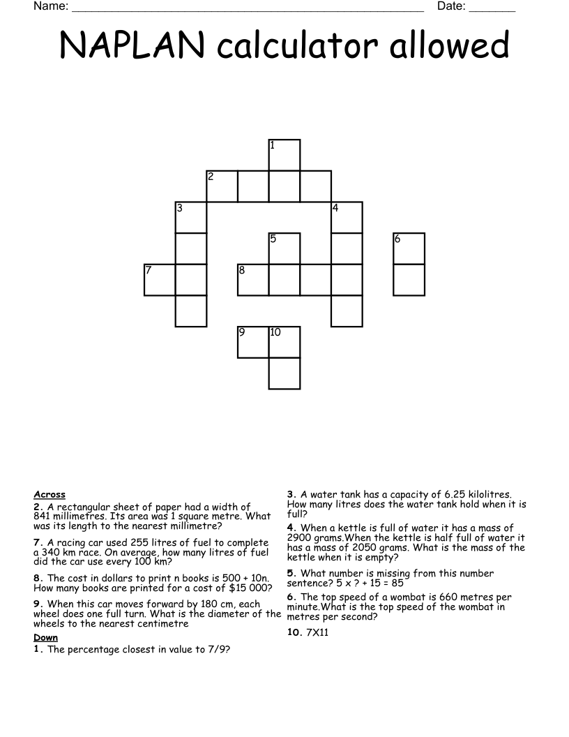 NAPLAN calculator allowed Crossword