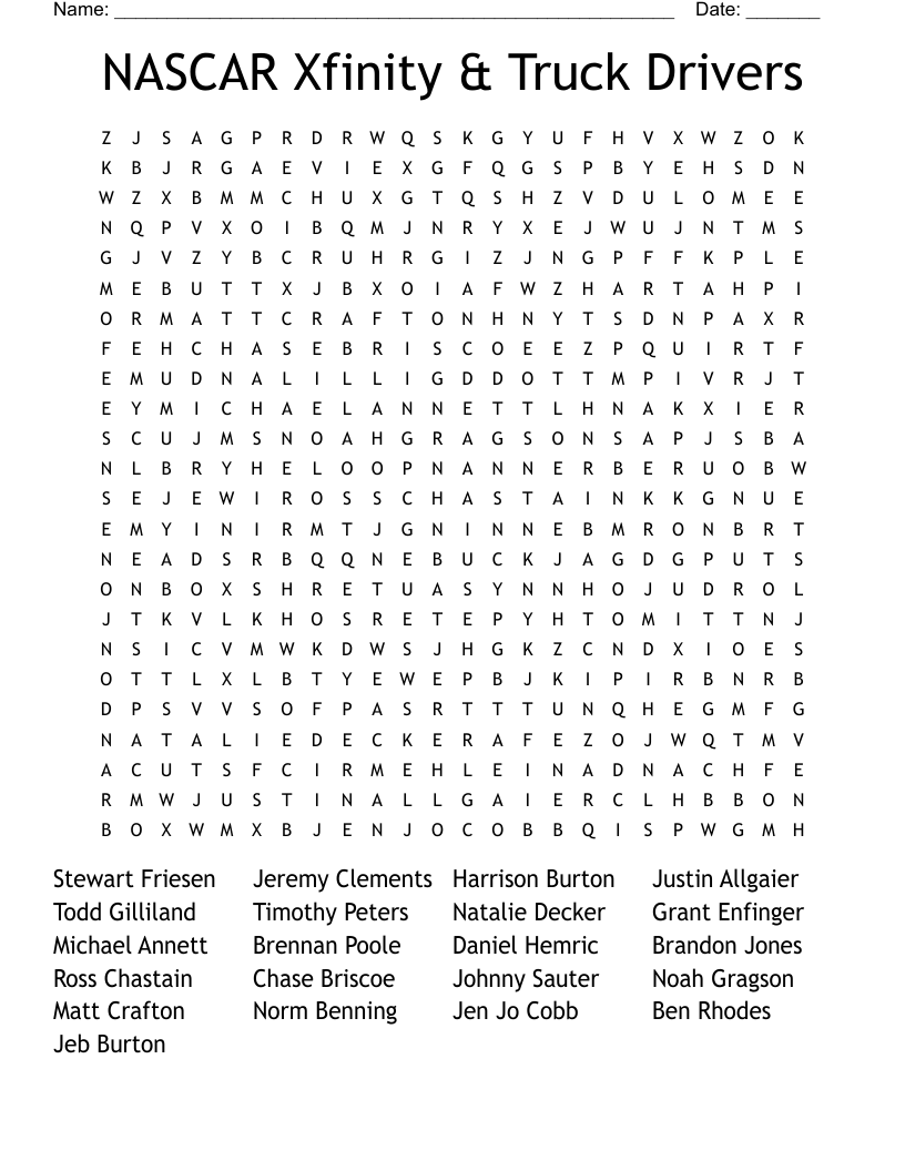 NASCAR  Xfinity & Truck Drivers Word Search
