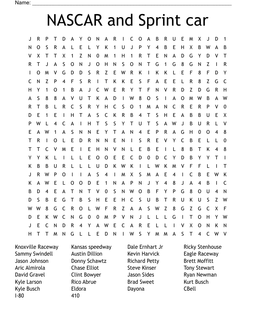 NASCAR and Sprint car Word Search