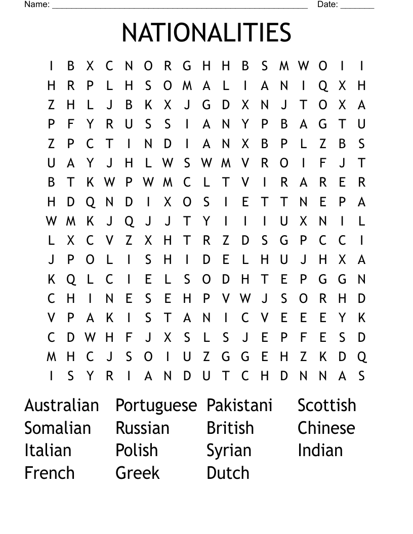 NATIONALITIES Word Search