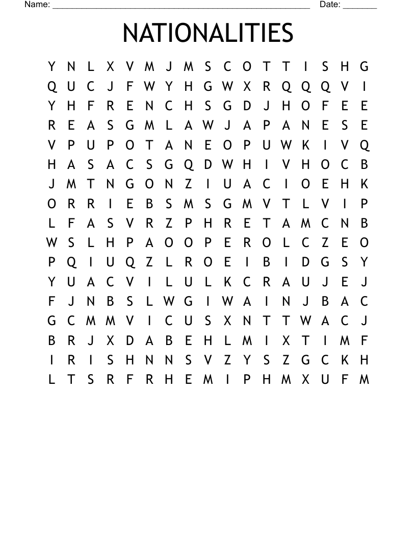 NATIONALITIES Word Search